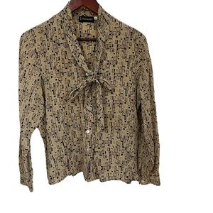 J Michaels tan with brown print long sleeve button up top size 14